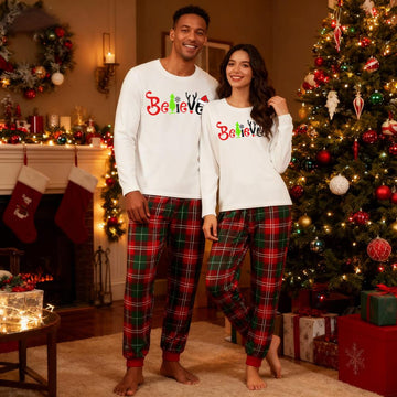 Christmas 2025"Believe" Letter White Long Sleeve Top with Red & Green Plaid Pants Couple Matching Pajamas
