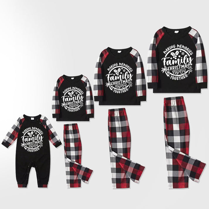 Christmas Make Memories Together 2024 Print Red & Black & Grey & White Plaid Family Matching Pajamas With Dog