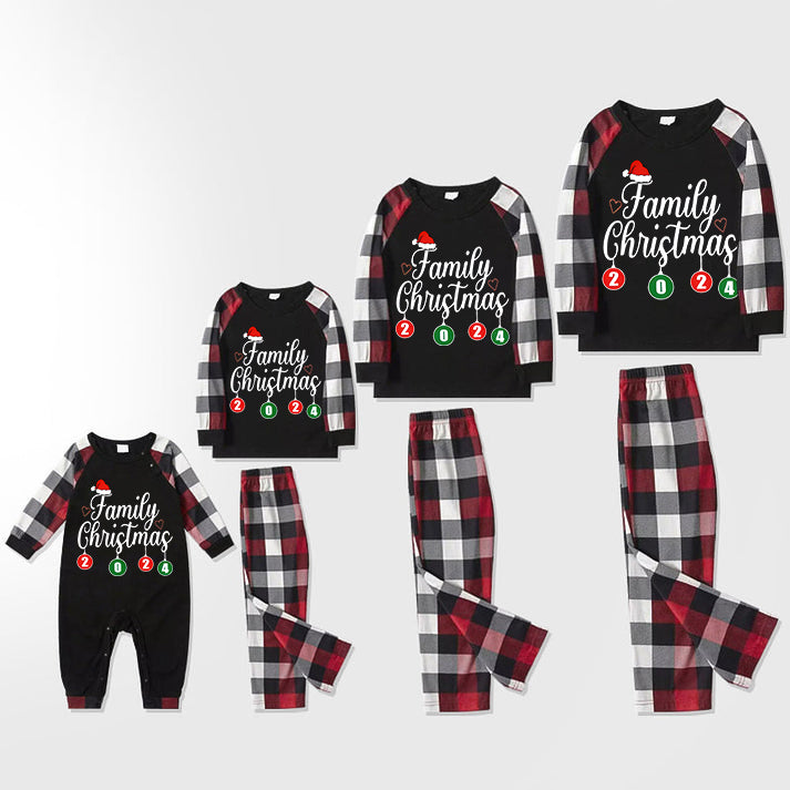 "Family Christmas" 2024 Letter Print Red & Black & Grey & White Plaid Family Matching Pajamas