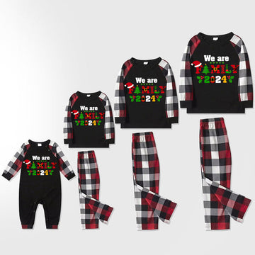 Christmas We are Family 2024 Letter Print Red & Black & Grey & White Plaid Family Matching Pajamas With Dog