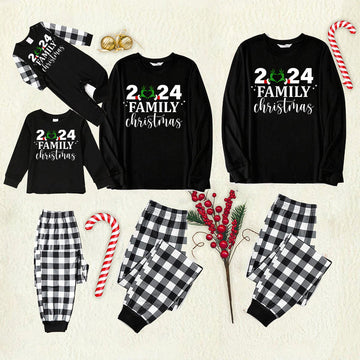 "2024 Family Christmas" Quirky Heart Letter Print Black Long Sleeve Top with Black And White Plaid Pants Family Matching Pajamas