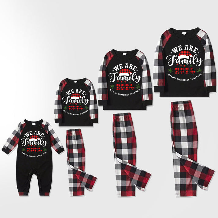 "We are Family" Santa Hat Monogram Print Letter Red & Black & Grey & White Plaid Family Matching Pajamas