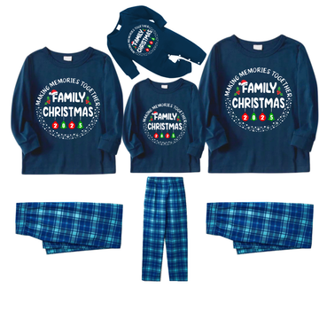"MAKING MEMORIES TOGETHER FAMILY CHRISTMAS 2025" Text Pattern - Blue Long Sleeve Top With Blue Plaid Family Matching Pajamas