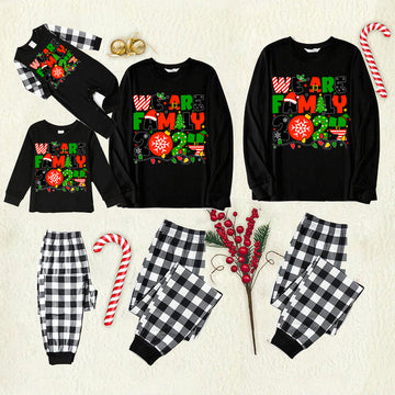 Christmas "We are Family" Colorful Multi-Element Letter Black Long Sleeve Top with Black And White Plaid Pants Family Matching Pajamas