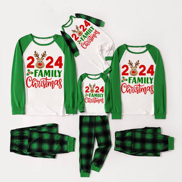 "2024 Family Christmas" Moose Letter Prints Green Rotator Cuff Top With Green & Black Plaid Family Matching Pajamas