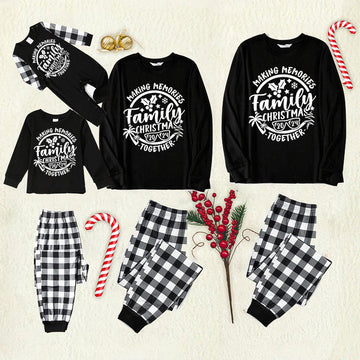 Christmas Make Memories Together 2024 Print Black Long Sleeve Top with Black And White Plaid Pants Family Matching Pajamas