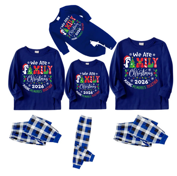 "We are Family 2026 Christmas Make Memories Together" Slogan Print Blue Long Sleeve with Versatile Blue and White Plaid Pants Family Matching Pajamas