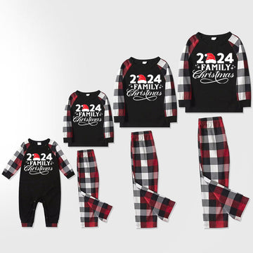 "2024 Family Christmas" Letter Print Red & Black & Grey & White Plaid Family Matching Pajamas