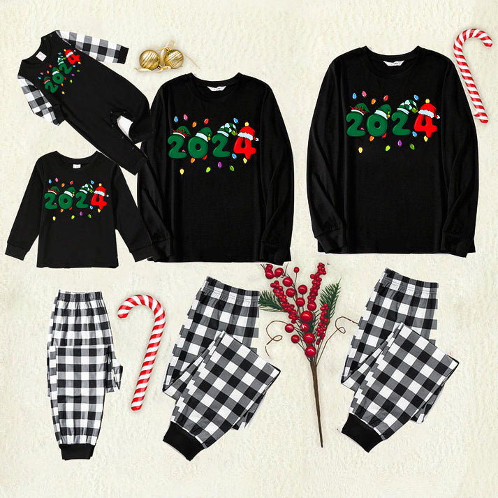 Christmas "2024" Letter Print Black Long Sleeve Top with Black And White Plaid Pants Family Matching Pajamas