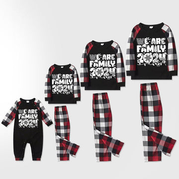 "We are Family 2024" White Letter Print Red & Black & Grey & White Plaid Family Matching Pajamas