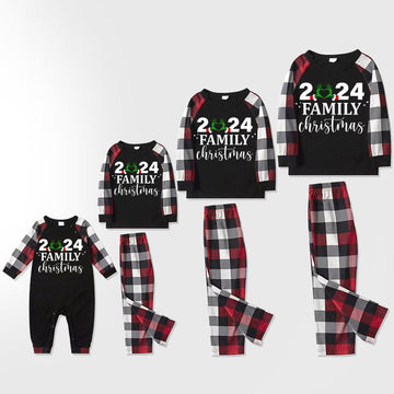 "2024 Family Christmas" Quirky Heart Letter Print Red & Black & Grey & White Plaid Family Matching Pajamas