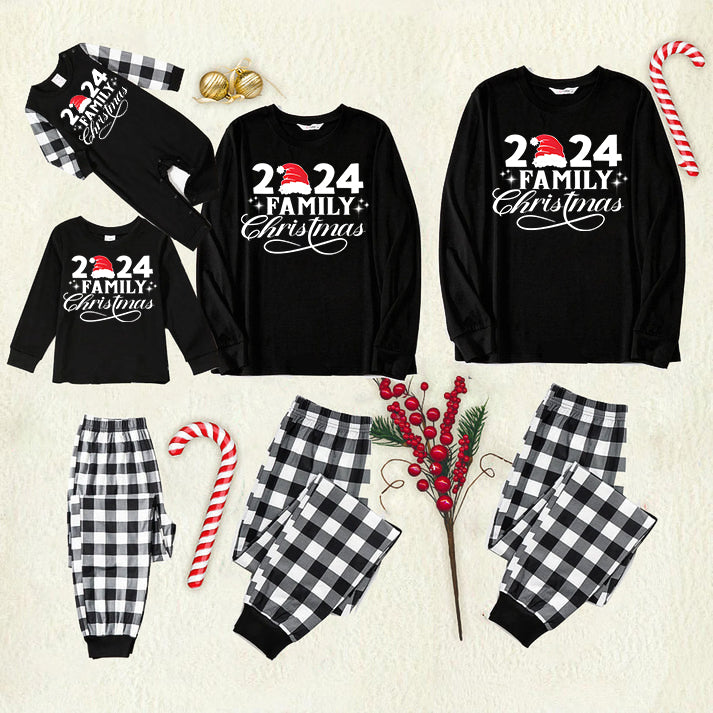 "2024 Family Christmas" Letter Print Black Long Sleeve Top with Black And White Plaid Pants Family Matching Pajamas