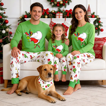Grinch Carrying Santa Sack Family Christmas Pajamas Set with Gift Graphic Top and Print Pants