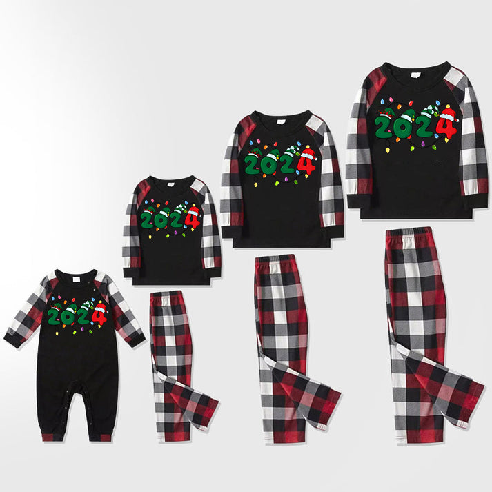 Christmas "2024" Letter Print Red & Black & Grey & White Plaid Family Matching Pajamas