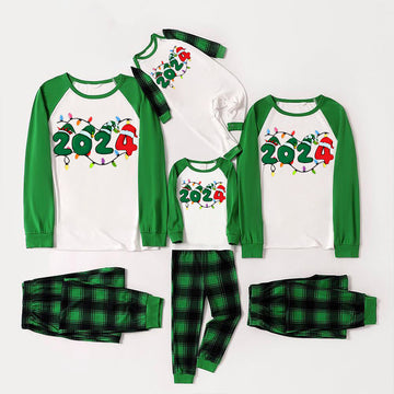 Christmas "2024" Letter Print Green Rotator Cuff Top With Green & Black Plaid Family Matching Pajamas