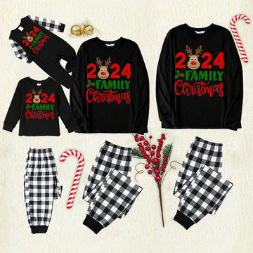 "2024 Family Christmas" Moose Letter Print Black Long Sleeve Top with Black And White Plaid Pants Family Matching Pajamas