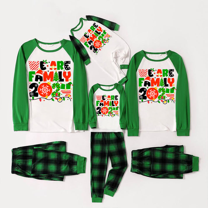 Christmas "We are Family" Colorful Multi-Element Letter Prints Green Rotator Cuff Top With Green & Black Plaid Family Matching Pajamas