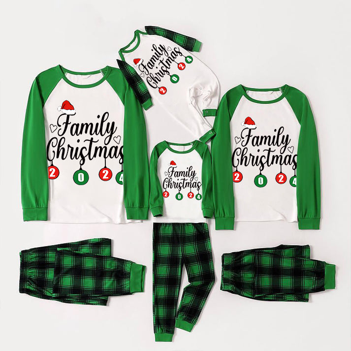 "Family Christmas" 2024 Letter Print Green Rotator Cuff Top With Green & Black Plaid Family Matching Pajamas