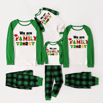 Christmas We are Family 2024 Letter Print Green Rotator Cuff Top With Green & Black Plaid Family Matching Pajamas