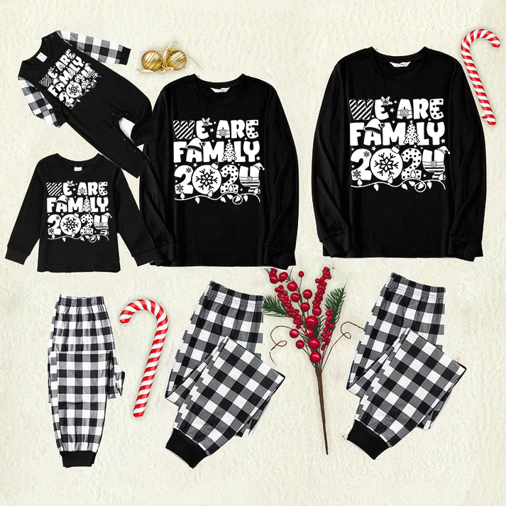 "We are Family 2024" White Letter Print Black Long Sleeve Top with Black And White Plaid Pants Family Matching Pajamas