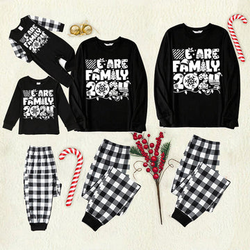 "We are Family 2024" White Letter Print Black Long Sleeve Top with Black And White Plaid Pants Family Matching Pajamas