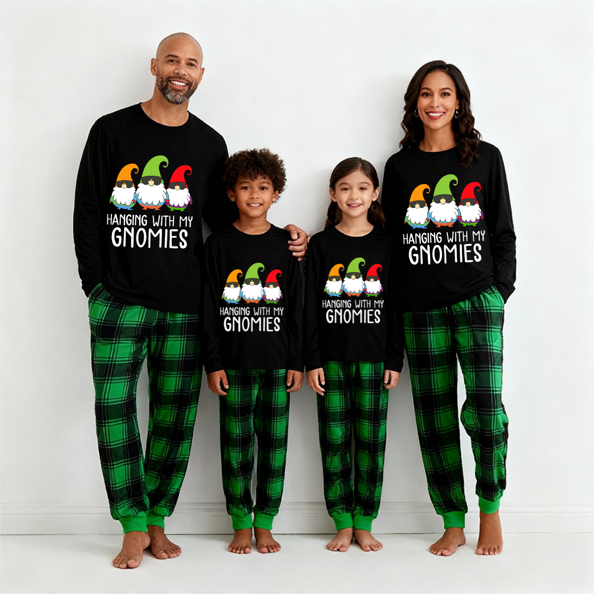 Three Santas "HANGING WITH MY GNOMIES" Monogram Print Black Long Sleeves Top with Vintage Green and Black Large Plaid Pants Family Matching Pajamas