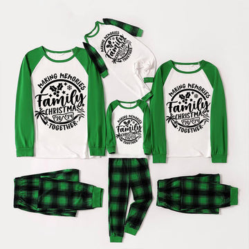 Christmas Make Memories Together 2024 Print Green Rotator Cuff Top With Green & Black Plaid Family Matching Pajamas With Dog