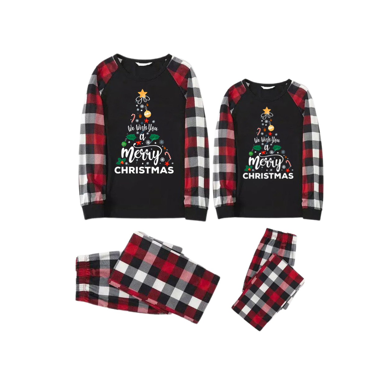 "We Wish You a Merry Christmas" Prints Red & Black & Grey & White Plaid  Couple Matching Pajamas