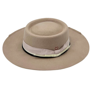 Beige Flat-Brim Hat – Pink Bow & White Band