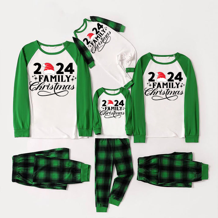 "2024 Family Christmas" Letter Print Green Rotator Cuff Top With Green & Black Plaid Family Matching Pajamas