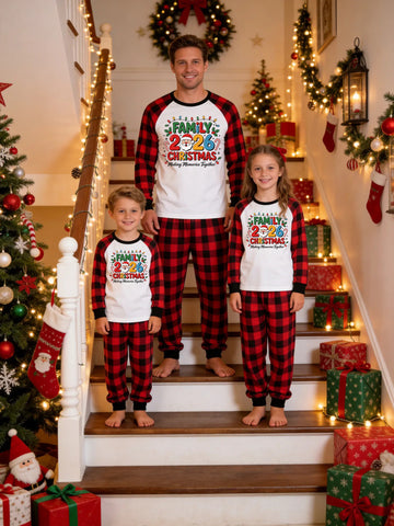 Family Matching Christmas Pajamas Set - Red and Black Plaid Long Sleeve Top with 'Family 2026 Christmas ' Santa Graphic & Plaid Pants