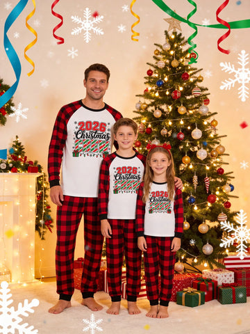 Family Matching Christmas Pajamas Set - Red and Black Plaid Raglan Top with '2026 Christmas Crew' Candy Cane Print & Plaid Pants