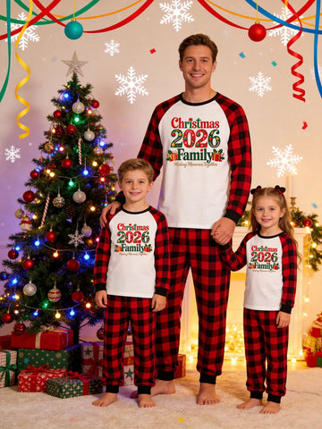 Family Matching Christmas Pajamas Set - Red and Black Plaid Top with 'Christmas 2026 Family' Festive Ornaments Graphic & Plaid Pants