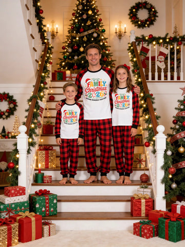 Family Matching Christmas Pajamas Set - Red and Black Plaid Top with 'Family Christmas 2026' Glasses & Santa Hat Graphic & Plaid Pants