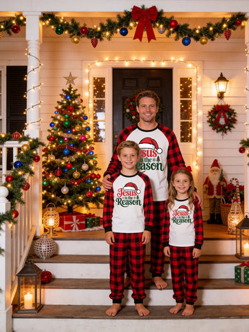 Family Matching Christmas Pajamas Set - Red and Black Plaid Raglan Top with 'Jesus Is The Reason' Santa Hat Print & Plaid Pants
