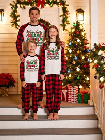 Family Matching Christmas Pajamas Set - Red and Black Plaid Long Sleeve Top with 'We Are Family Christmas Crew' Graphic & Plaid Pants