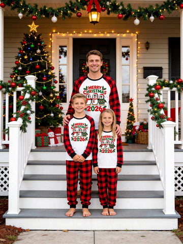 Family Matching Christmas Pajamas Set - Red and Black Plaid Sleeve Top with Three Cute Christmas Penguins & Plaid Pants