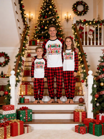 Family Matching Christmas Pajamas Set - Red and Black Plaid Top with Festive 'Family Christmas 2026' Lettering & Plaid Pants