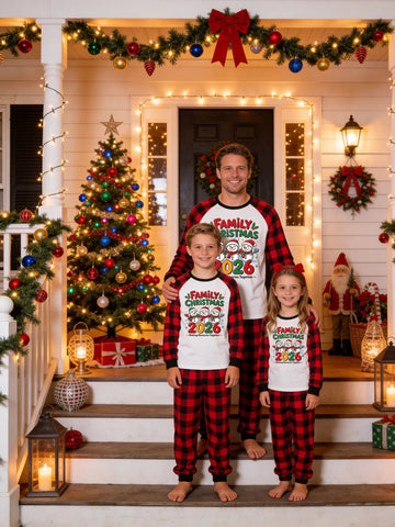Family Matching Christmas Pajamas Set - Red and Black Plaid Raglan Top with Three Snowmen '2026' Graphic & Plaid Pants
