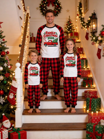 Family Matching Christmas Pajamas Set - Red and Black Plaid Sleeve Top with Red Vintage Christmas Truck & Plaid Pants