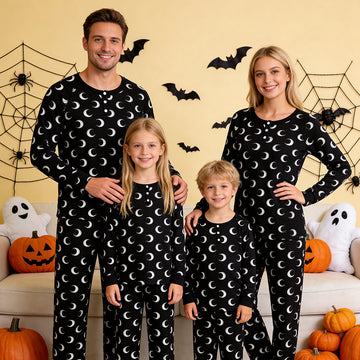 Mystical Halloween White Crescent Moon Print Matching Family Pajama Set, Long Sleeve Henley Cotton Loungewear