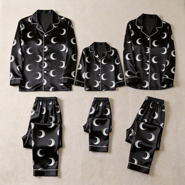 Black Moon Print Satin Button-Up Family Halloween Pajamas Set