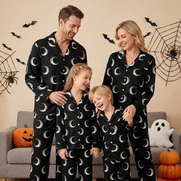 Mystical Halloween Crescent Moon Print Matching Family Pajama Set, Button-Down Cotton Loungewear