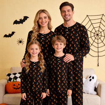 Spooky Halloween Orange Crescent Moon Print Matching Family Pajama Set, Long Sleeve Henley Cotton Loungewear