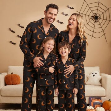 Mystic Halloween Orange Crescent Moon Print Matching Family Pajama Set, Button-Down Cotton Loungewear