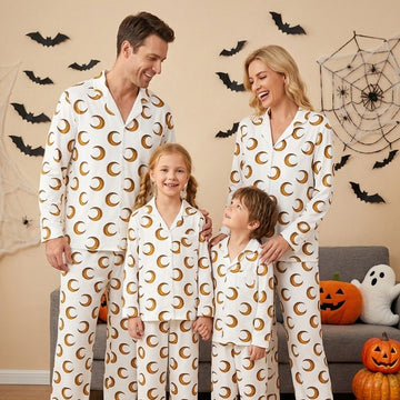 Enchanting Halloween Golden Crescent Moon Print Matching Family Pajama Set, Button-Down Cotton Loungewear