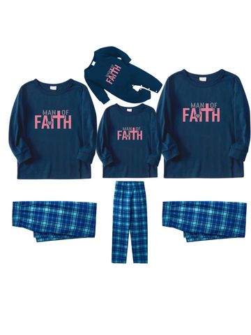 Man Of Faith Pink Letter Printed Blue Plaid Pajamas Set-Matching Holiday Sleepwear