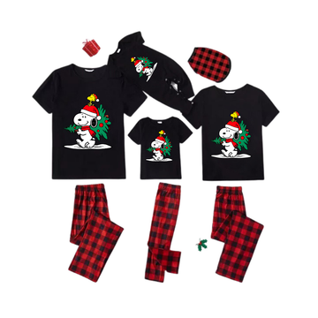 Snoopy Christmas Tree Family Pajamas Set - Black Top Red Pants Red Plaid Pattern Snoopy Christmas Tree Print