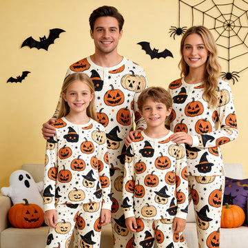 Playful Halloween Jack-O'-Lantern & Witch Hat Print Matching Family Pajama Set, Long Sleeve Henley Cotton Loungewear
