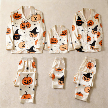 Cream Pumpkin & Witch Hat Print Satin Button-Up Family Halloween Pajamas Set